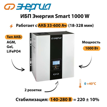 ИБП Энергия Smart 1000W - ИБП и АКБ - Энергия ИБП Smart - . Магазин оборудования для автономного и резервного электропитания Ekosolar.ru в Губкине